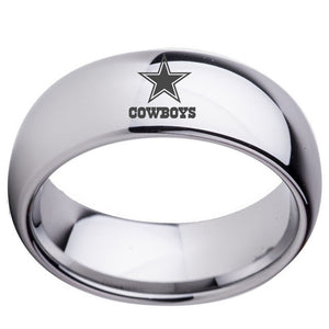 NFL Dallas Cowboys Football Wedding Band 8mm Black / Silver Dome Tunsgten Sport Ring Comfort Fit Size 6 to 14