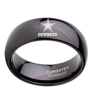 NFL Dallas Cowboys Football Wedding Band 8mm Black / Silver Dome Tunsgten Sport Ring Comfort Fit Size 6 to 14