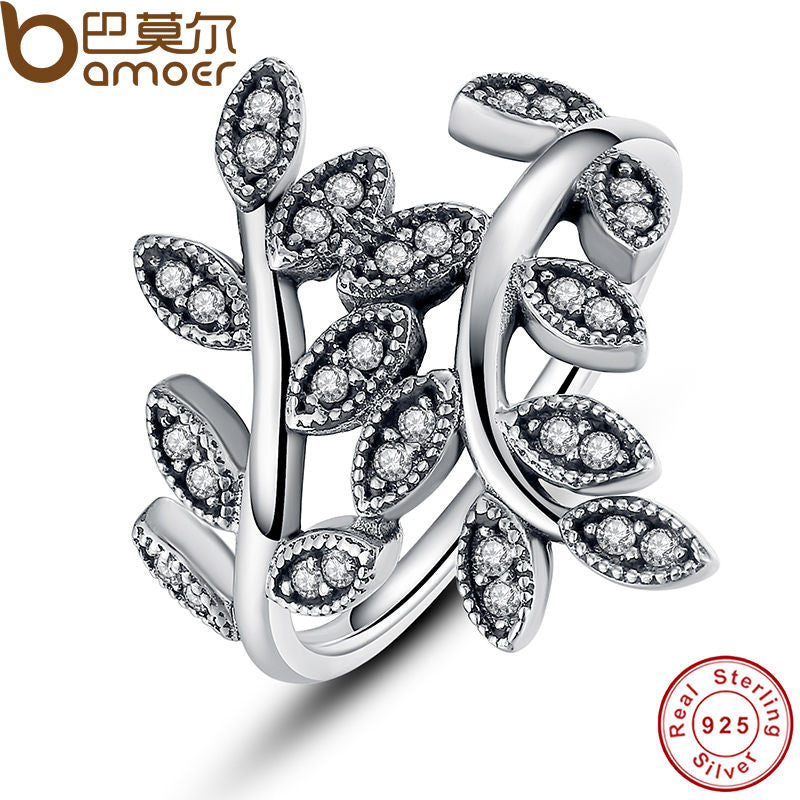 BAMOER 925 Sterling Silver Sparkling LEAVES SILVER RING WITH CUBIC ZIRCONIA for Women Original Jewelry PA7114